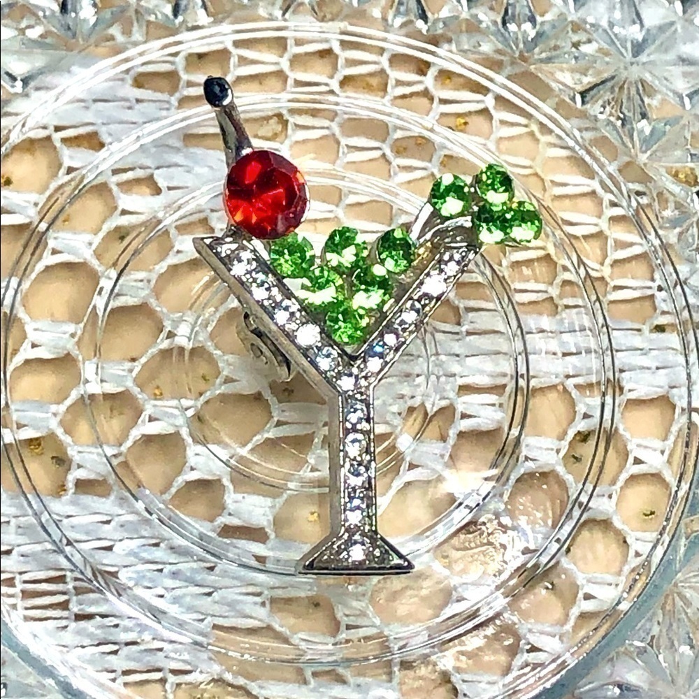 𝅺MARTINI Brooch Pin Silver Tone Red Green Clear Rhinestones 1”